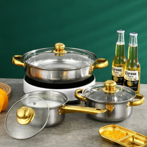 Set Of 3 Pcs Stainless Steel Soup Pot, Frying Wok, Milk Pot, Non-Stick With Top