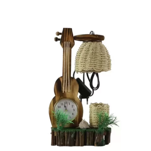 Exquisite Wooden Violin And Basket Design With Clock Desk Lamp Handmade Warm Yel