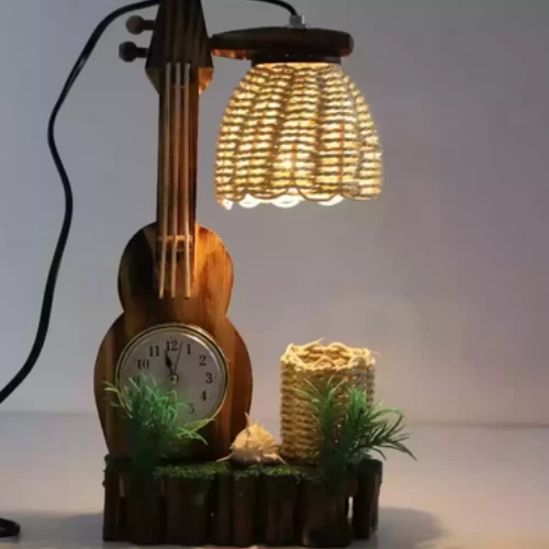 Exquisite Wooden Violin And Basket Design With Clock Desk Lamp Handmade Warm Yel