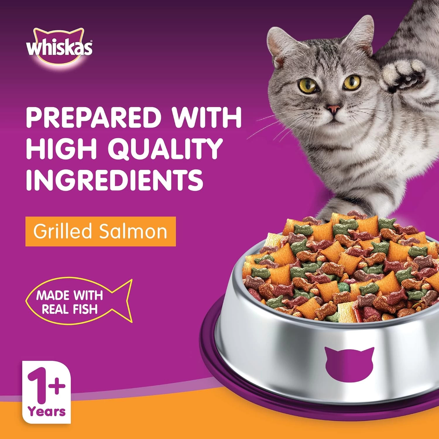Whiskas Grilled Salmon Dry Food, for Adult Cats 1+ Years, Helps Your Cat Sustain