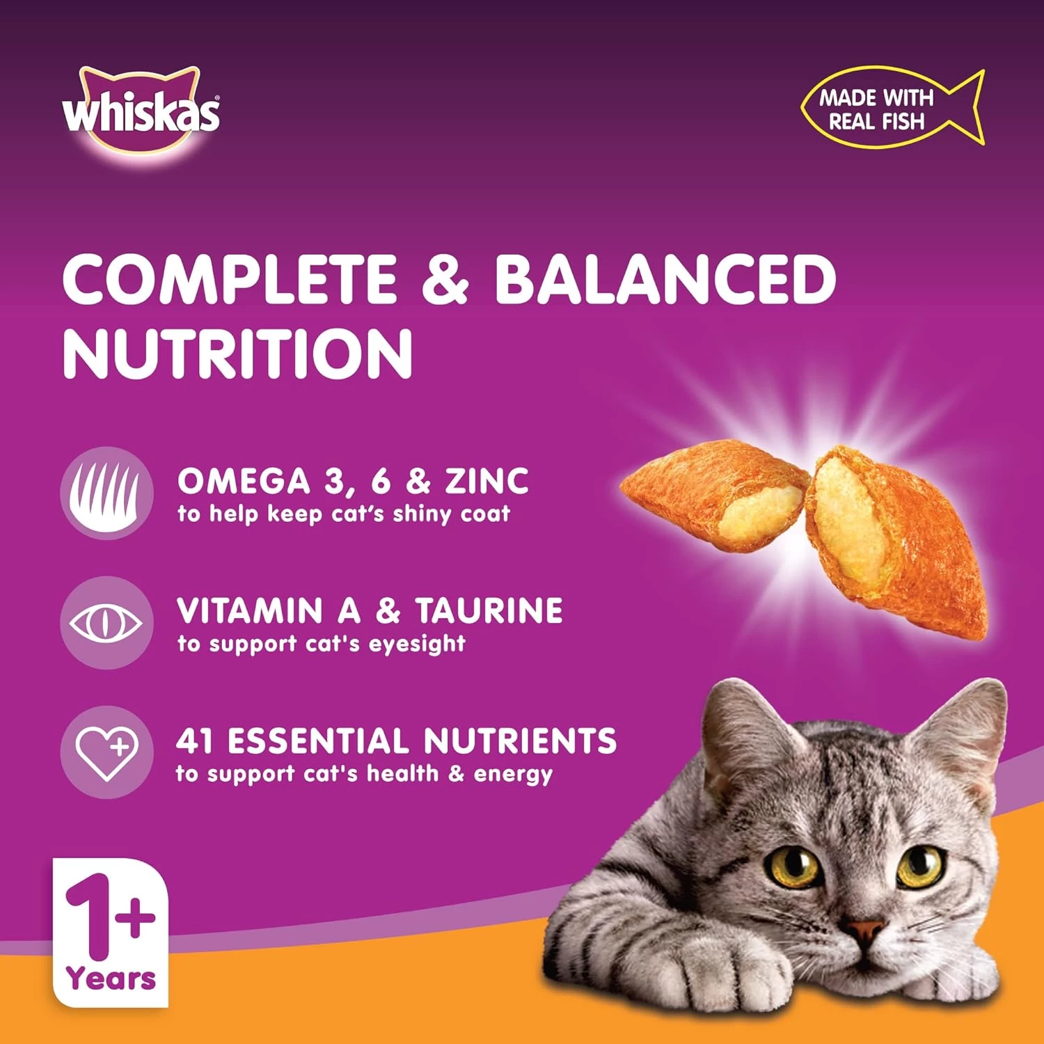Whiskas Grilled Salmon Dry Food, for Adult Cats 1+ Years, Helps Your Cat Sustain
