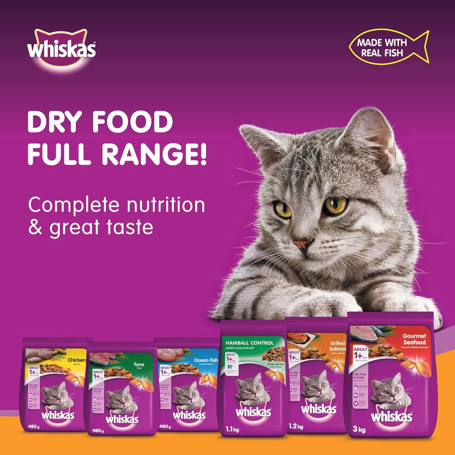 Whiskas Grilled Salmon Dry Food, for Adult Cats 1+ Years, Helps Your Cat Sustain