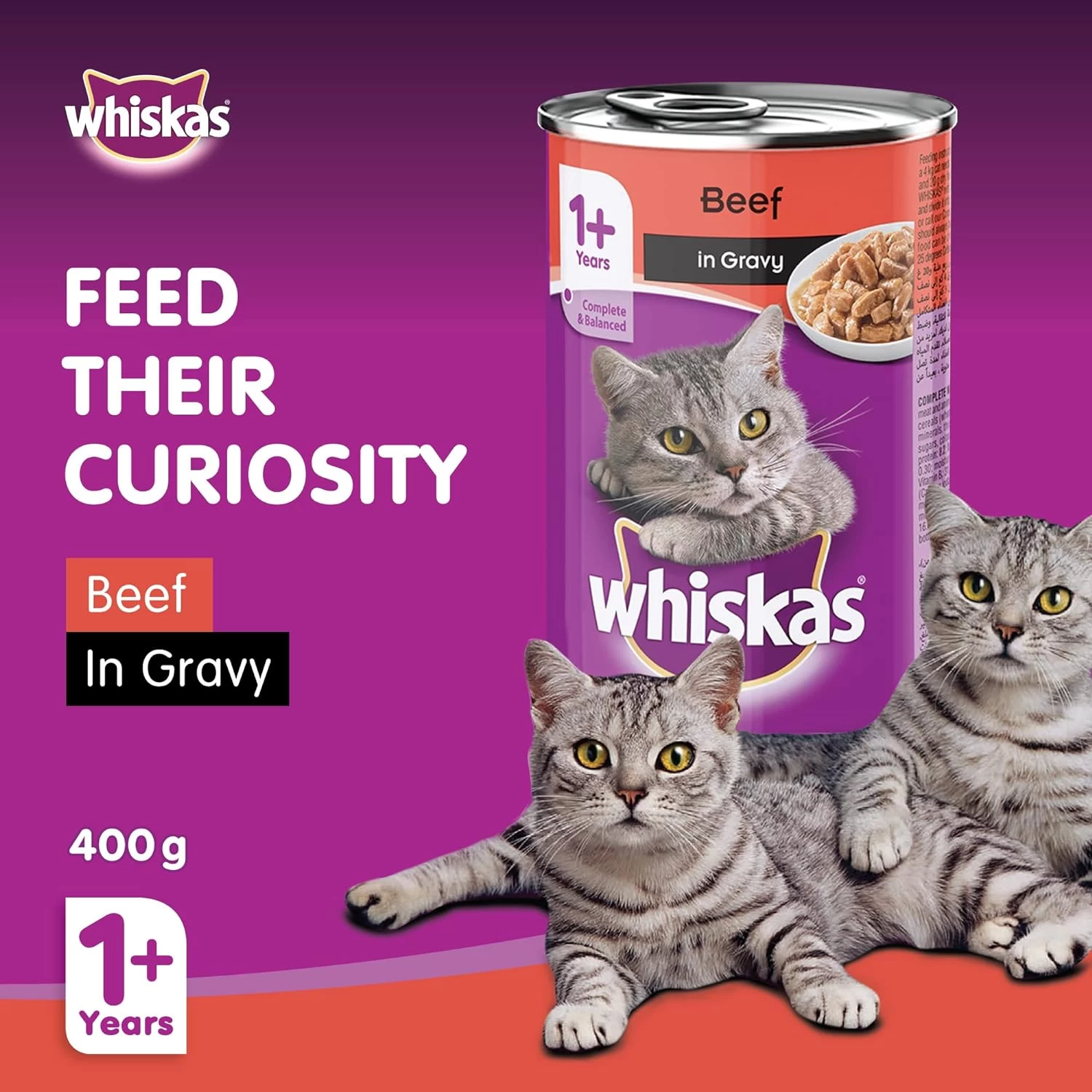 Whiskas Beef in Gravy Can, Wet Cat Food, for 1+ Years Adult Cats, Ingredients En