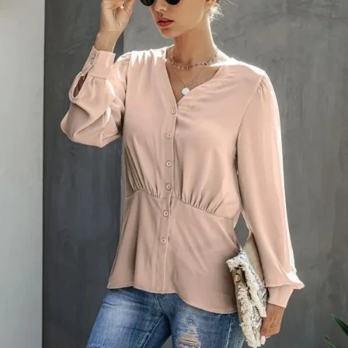 Solid Button Front V Neck Blouse, Elegant Lantern Sleeve Blouse, Women's Clothin