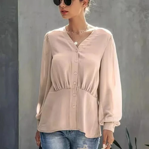 Solid Button Front V Neck Blouse, Elegant Lantern Sleeve Blouse, Women's Clothin
