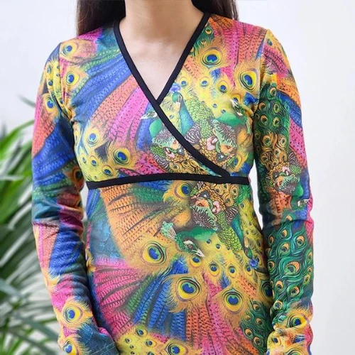 Women Floral Abstract Long Sleeve Ruched V-Neck Bodycon Mini Dress