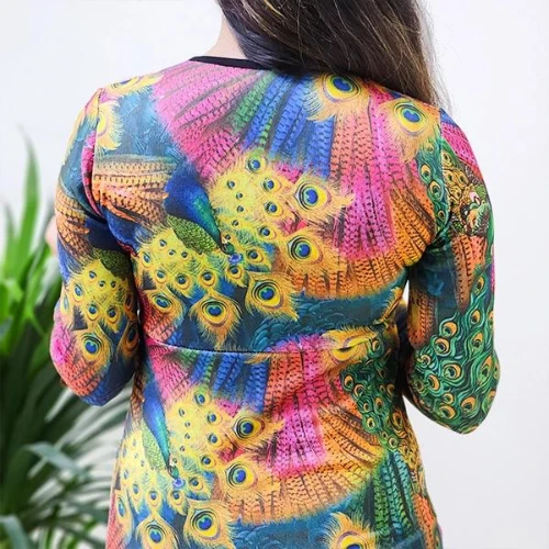 Women Floral Abstract Long Sleeve Ruched V-Neck Bodycon Mini Dress