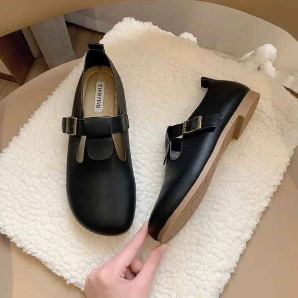 New Women Flats T-Strap Leather Shoes for Women Oxford Shoes Comfortable Buckle