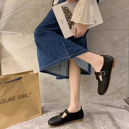 New Women Flats T-Strap Leather Shoes for Women Oxford Shoes Comfortable Buckle