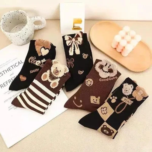 Soft Cotton Thin Fabric Cute Cartoon Women Crew Socks 5 Pairs Breathable Girls S