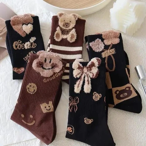 Soft Cotton Thin Fabric Cute Cartoon Women Crew Socks 5 Pairs Breathable Girls S