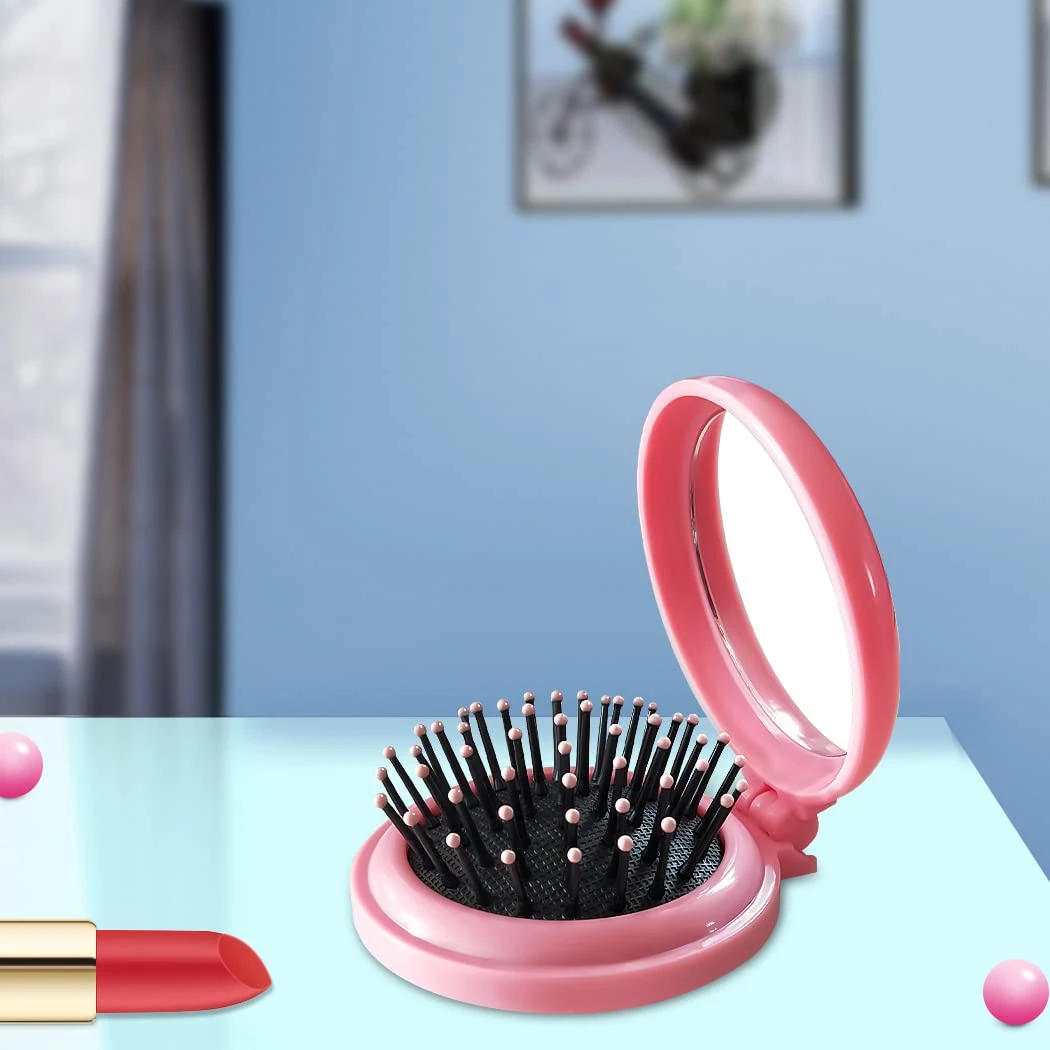 Foldable Mini Hair Brush With Mirror Portable Makeup Mirror Comb Pocket Hair Com