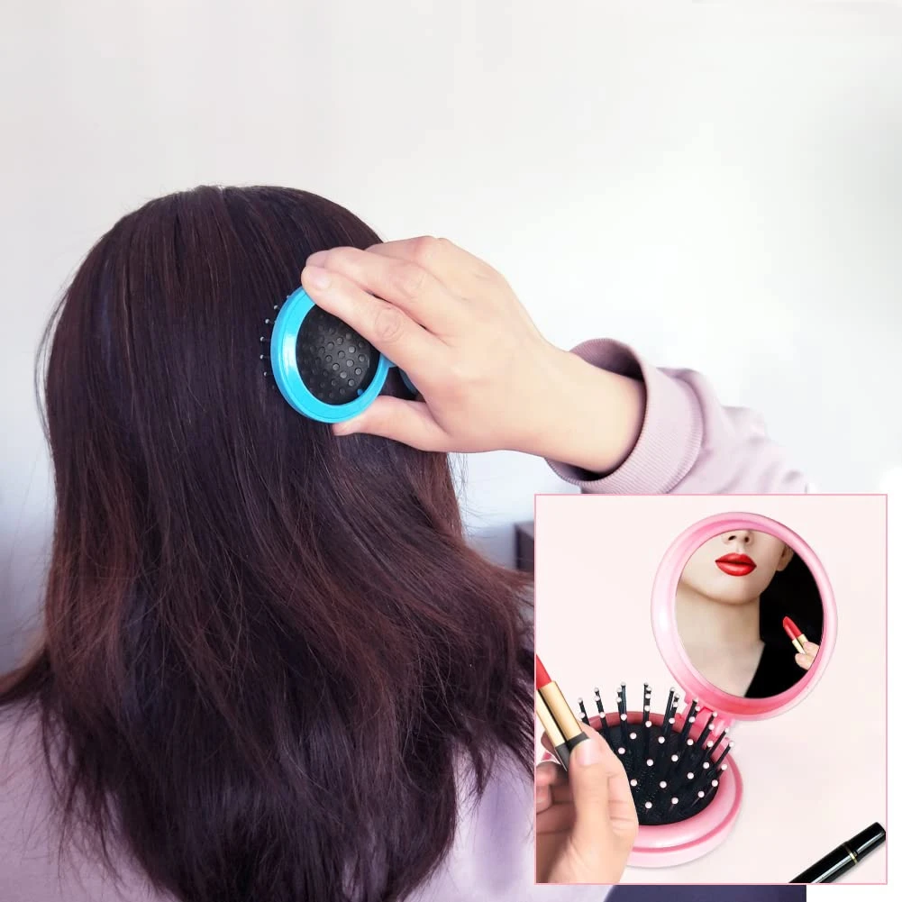 Foldable Mini Hair Brush With Mirror Portable Makeup Mirror Comb Pocket Hair Com