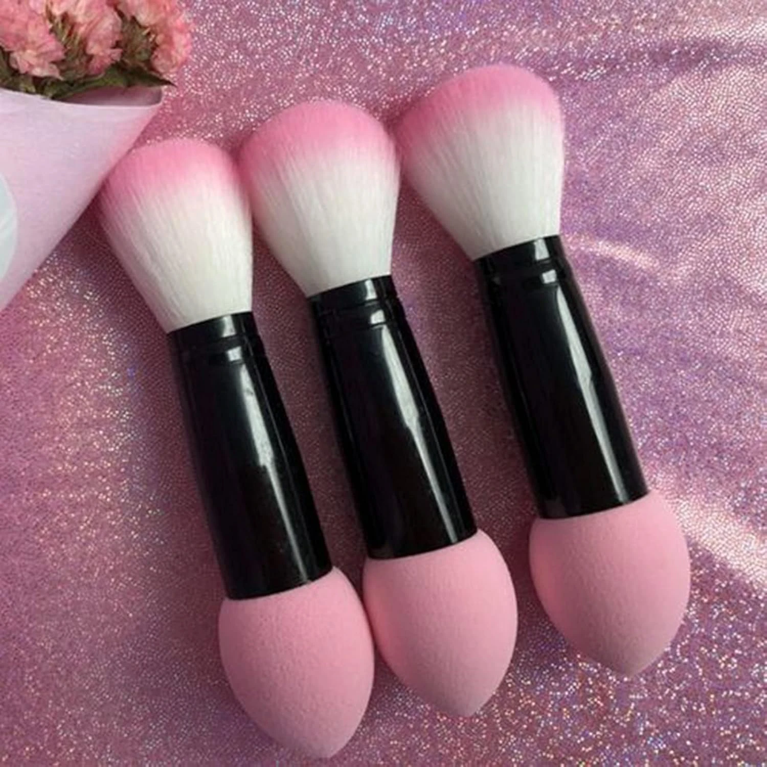 Professional Pink Makeup Brush with Dual Heads and Sponge for Women