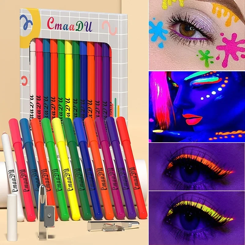 12 Color Waterproof Eyeliner Pen Set - Luminous UV Colors. Smudge-proof & Long L
