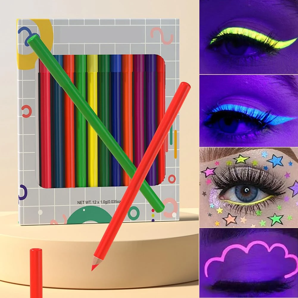12 Color Waterproof Eyeliner Pen Set - Luminous UV Colors. Smudge-proof & Long L