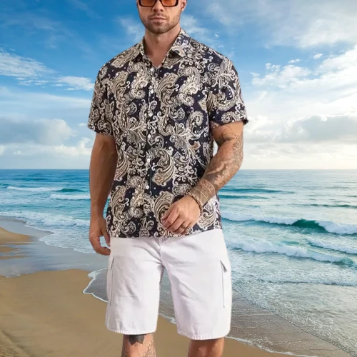 Floral Multi Printed Boho Style Roll-Up Short Sleeves Button-Up Men Beach Shirt