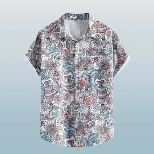 Floral Multi Printed Boho Style Roll-Up Short Sleeves Button-Up Men Beach Shirt