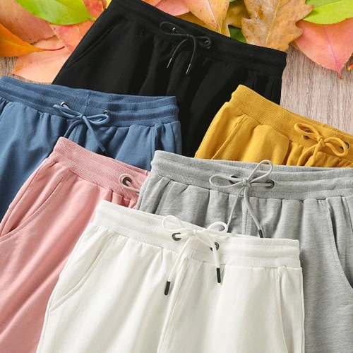 Black Color Elastic Waist Drawstring Closure Casual Wear Joggers Cotton Shorts F