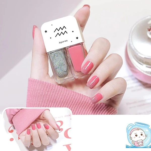 2 in 1 Glittery Water Proof High Quality Pink Color Nail Polish