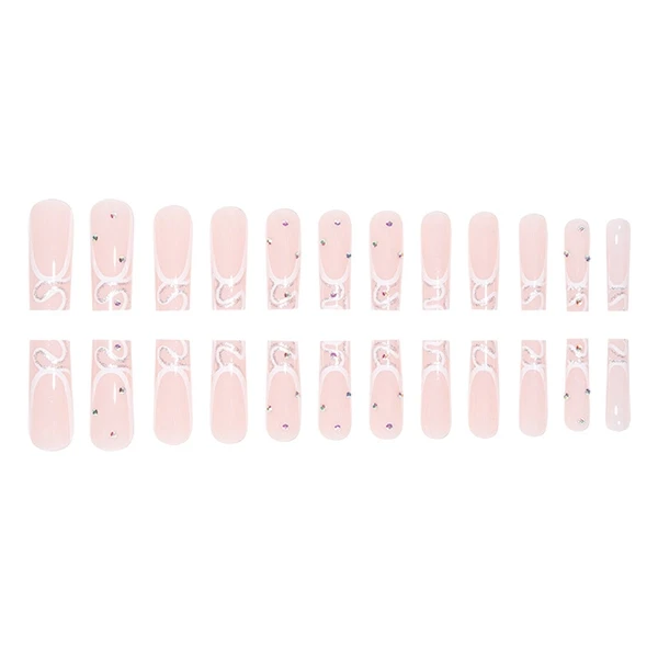 Crystal White Fake Nails Set 24 High-Quality Long Square Design Nails Stunning C