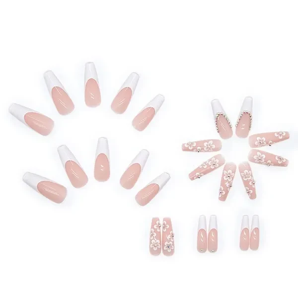 Floral Crystal Decorated Long Square Fake Nails for Women Set of 24