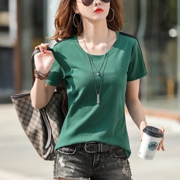 Green Ribbed Pattern Ladies Casual T-Shirt Round Neck Short Sleeves Loose Design