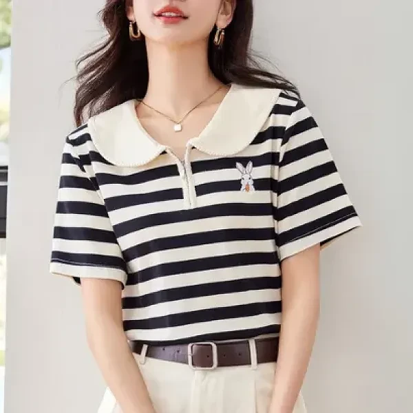 High Quality French Collar Striped Summer T-Shirt With Lapel, Rabbit Embroidery,