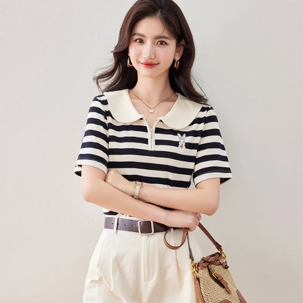 High Quality French Collar Striped Summer T-Shirt With Lapel, Rabbit Embroidery,
