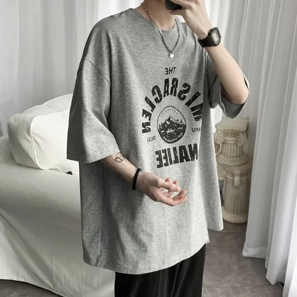 Letters Print Loose Design Half Sleeves Men T-Shirt Versatile Round Neck Casual