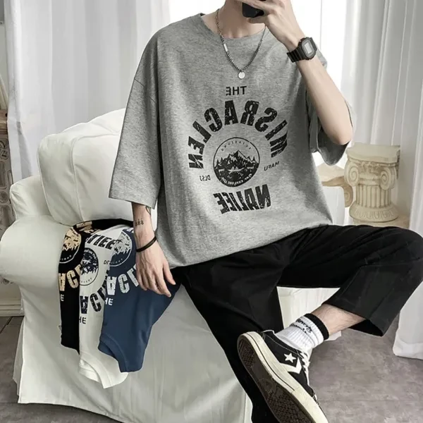Letters Print Loose Design Half Sleeves Men T-Shirt Versatile Round Neck Casual