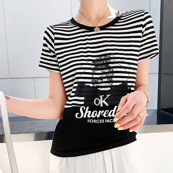 Stripes Letter Pattern Soft Fabric Crew Neck Short Sleeves Casual Wear T-Shirt