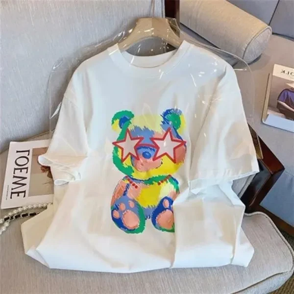 Cute Bear Print Crew Neck Short Sleeves Soft Fabric Casual Wear Women Top T-Shir