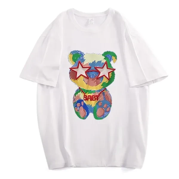 Cute Bear Print Crew Neck Short Sleeves Soft Fabric Casual Wear Women Top T-Shir