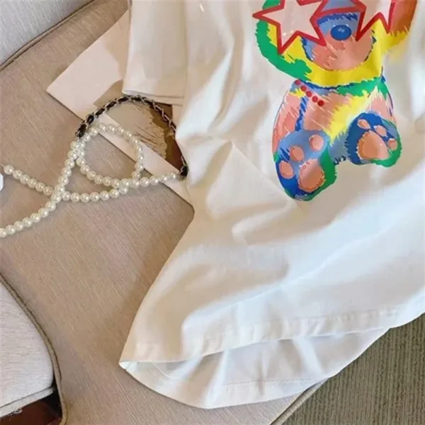Cute Bear Print Crew Neck Short Sleeves Soft Fabric Casual Wear Women Top T-Shir