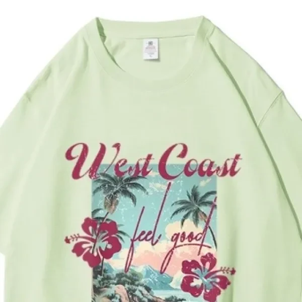 Crew Neck Beach Graphic Stylish Soft Cotton Tee Drop Shoulder Short Sleeves Comf
