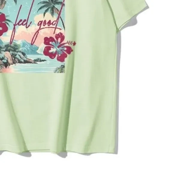 Crew Neck Beach Graphic Stylish Soft Cotton Tee Drop Shoulder Short Sleeves Comf