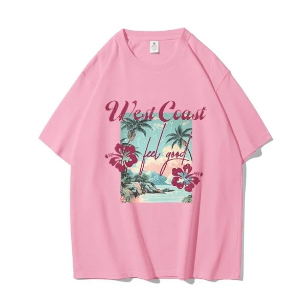 Crew Neck Beach Graphic Stylish Soft Cotton Tee Drop Shoulder Short Sleeves Comf