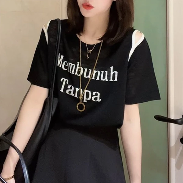 Black Round Neck T-Shirt with Letter Print - Women's Casual Wear