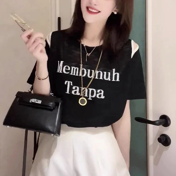 Black Round Neck T-Shirt with Letter Print - Women's Casual Wear