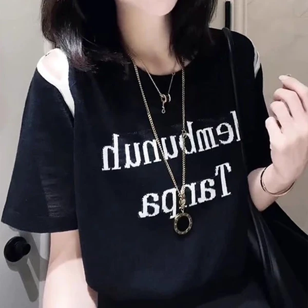 Black Round Neck T-Shirt with Letter Print - Women's Casual Wear