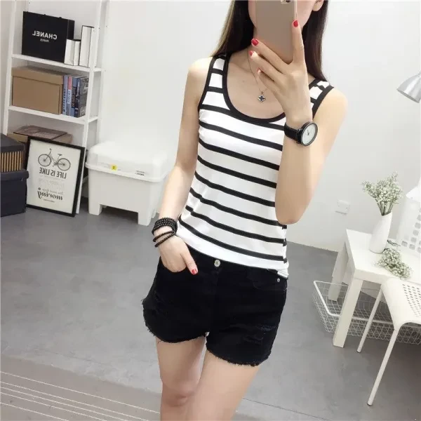 Stripes Pattern Round Neck Sleeveless Premium Soft Fabric White Color Women Tank