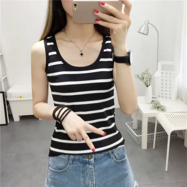 Stripes Pattern Round Neck Sleeveless Premium Soft Fabric Black Color Women Tank