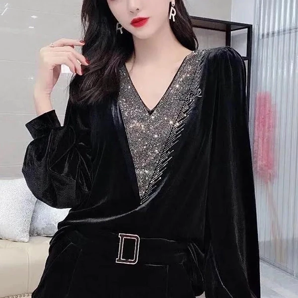 Velvet Puff Sleeves Top | Women's V-Neck Tank | Black