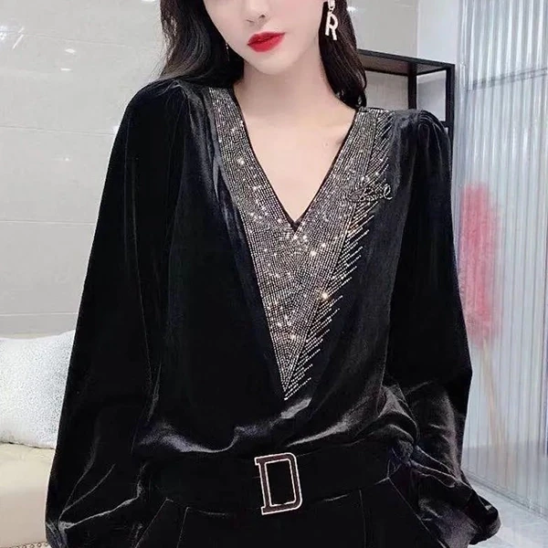 Velvet Puff Sleeves Top | Women's V-Neck Tank | Black