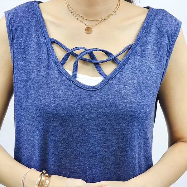 V-Neck Criss Cross Sleeveless Tank Top in Dark Blue for Women