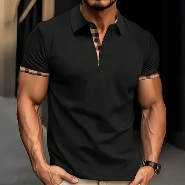 Premium Quality Two Tone Men Polo Shirt Button Closure Collar Neck Plaid Short S