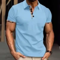 Premium Quality Two Tone Men Polo Shirt Button Closure Collar Neck Plaid Short S