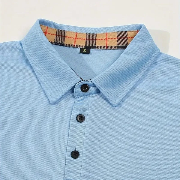 Premium Quality Two Tone Men Polo Shirt Button Closure Collar Neck Plaid Short S
