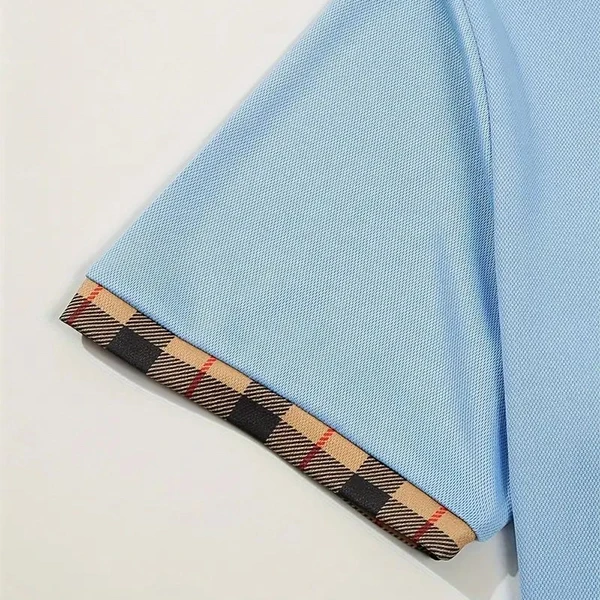 Premium Quality Two Tone Men Polo Shirt Button Closure Collar Neck Plaid Short S